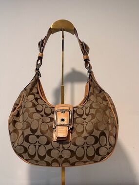 Coach Brown Signature Canvas Hobo with Leather Trim